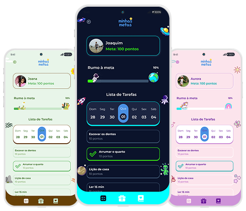 Telas do app Minhas Metas com temas Espaço, Princesas e Dinossauros